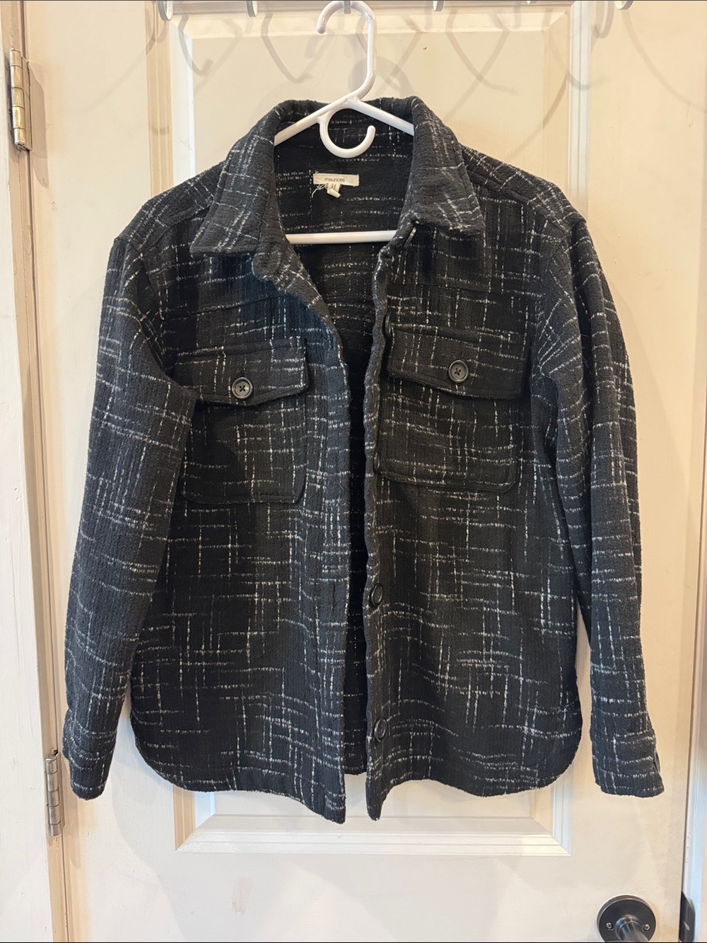Maurices Black & White Tweed Layering Button Front Shacket with Pockets
